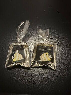 Novelty Fish-in-Bag Drop Earrings — Clear with Yellow Accent